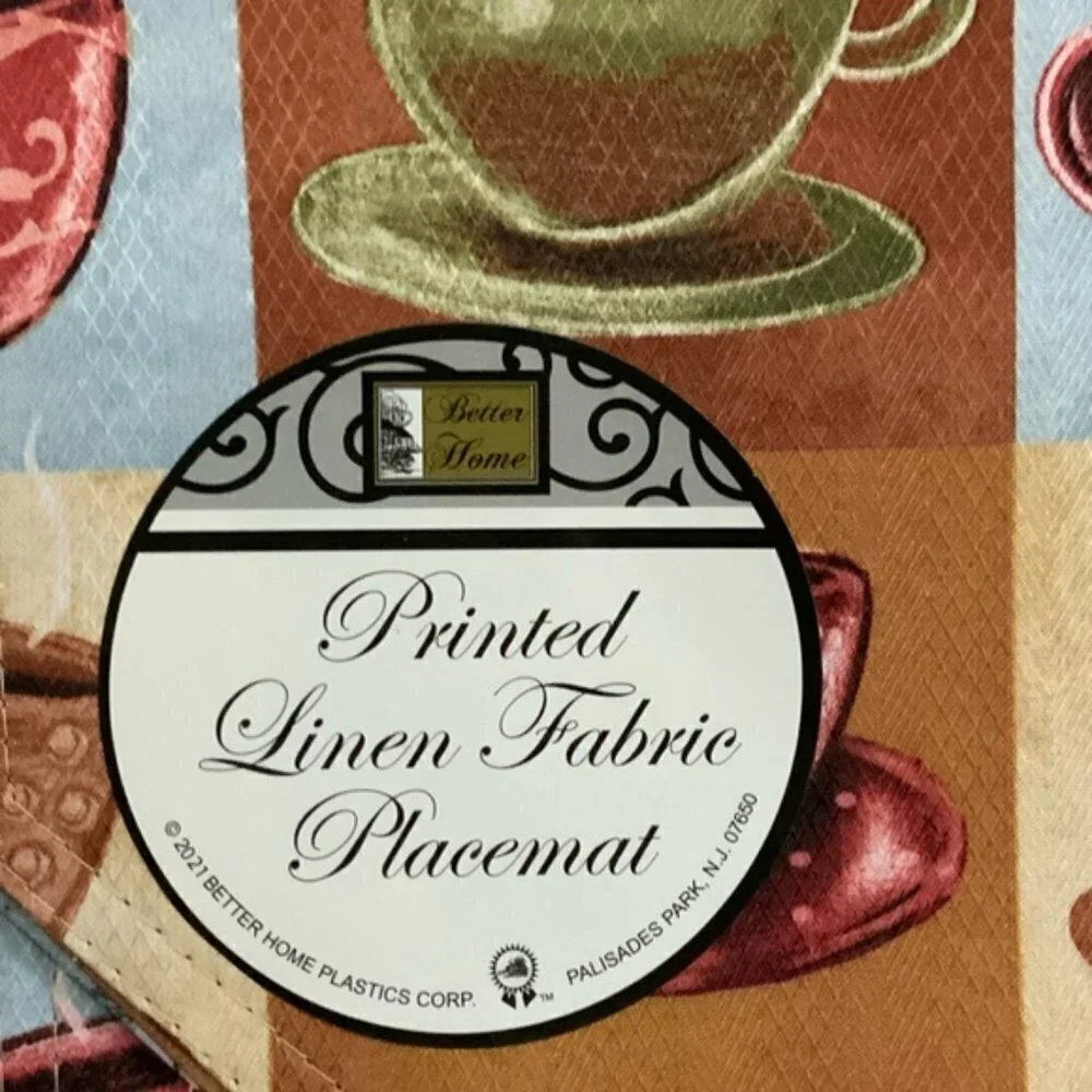 Coffee Cup Theme Placemats Printed Lined Reversible Retro Block Pattern Set of 4